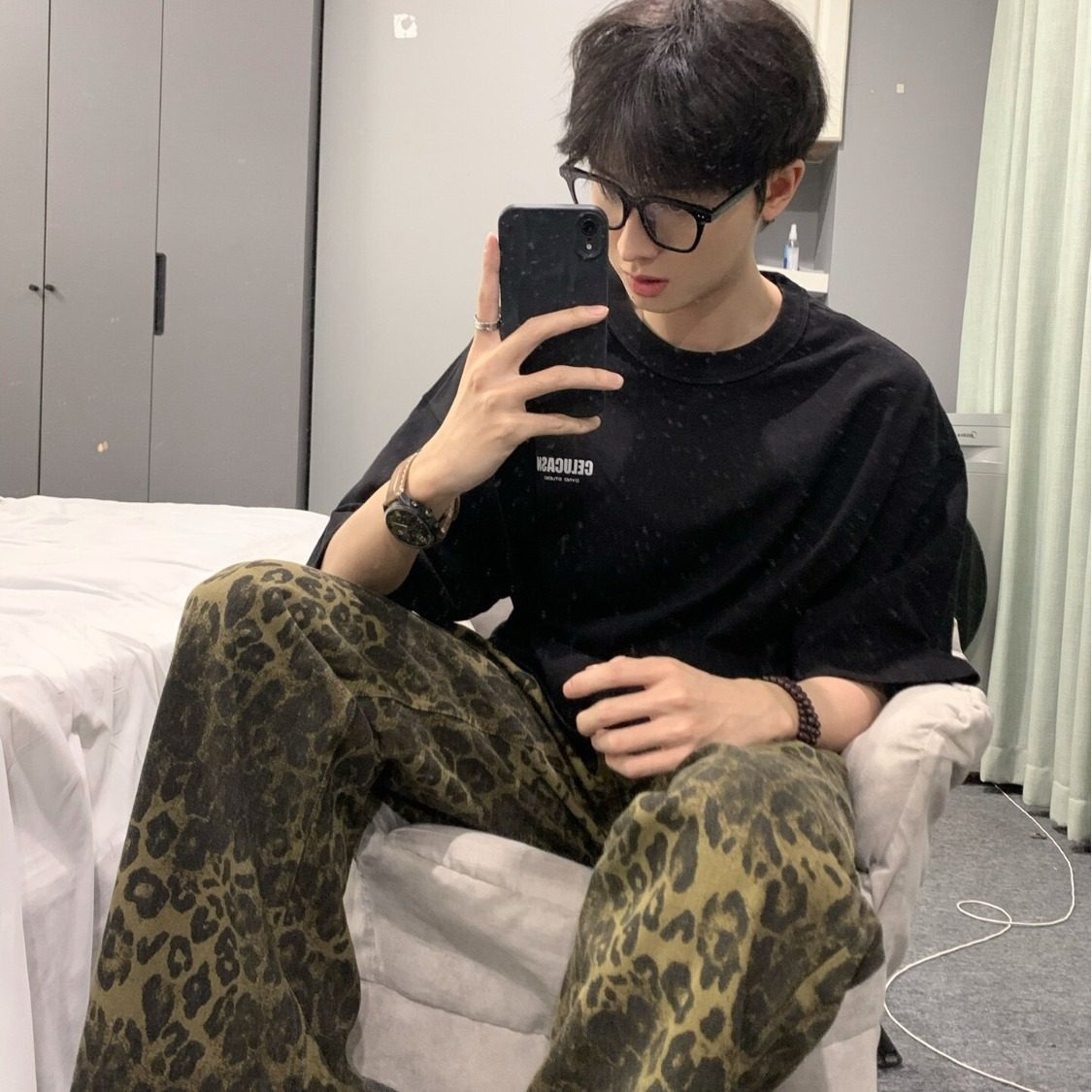 美式复古vintage豹纹迷彩牛仔裤男款高街潮流宽松直筒阔腿休闲裤,淘宝优惠券,粉丝福利购,淘宝优惠卷