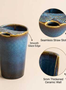 窑变蓝浮雕银杏陶瓷吸管咖啡杯大容量复古马克杯家用奶茶