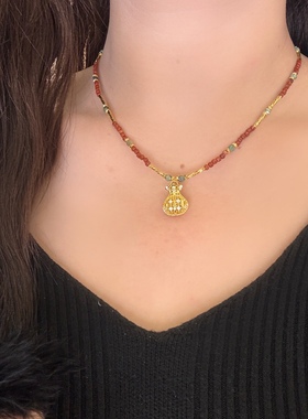 新中式国风彩色串珠钱袋葫芦吊坠项链女轻奢高级感锁骨链小众设计