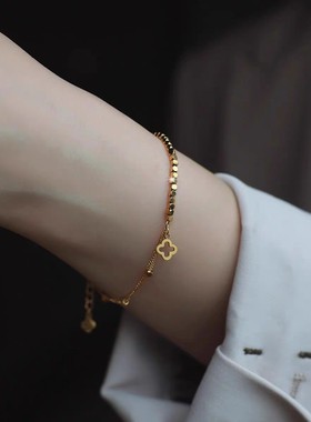 黄金色碎金子四叶草手链女纯金色