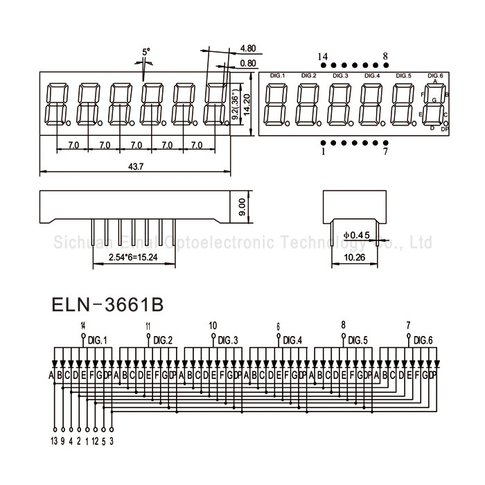 ELN-3661AG,ELN-3661BG,0.36英寸6位共阴共阳黄绿色数码管YTNLED - 图2