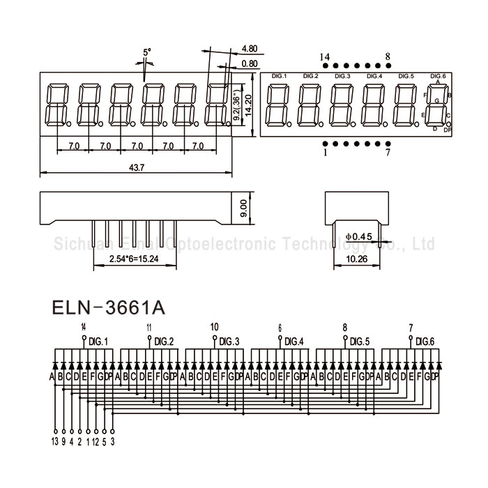 ELN-3661AG,ELN-3661BG,0.36英寸6位共阴共阳黄绿色数码管YTNLED - 图1