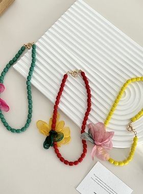 小众度假风甜美花朵bull珍珠项链