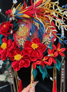 缠花凤凰团扇手工制作中式婚礼