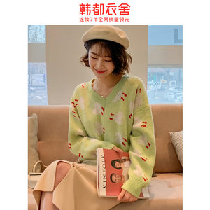 韩都衣舍2020春装新款韩版女装上衣V领宽松毛衣针织衫JZ12799瑭