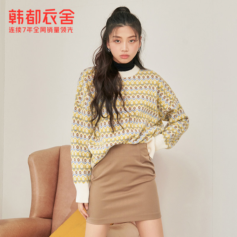 韩都衣舍2020秋季新款圆领宽松毛衣 韩都衣舍锦鑫通达毛针织衫