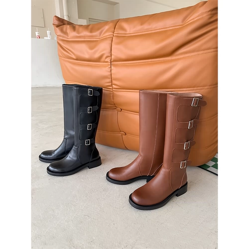 Дизайнерские зимние утепленные высокие сапоги, средней длины, из натуральной кожи, европейский стиль, тренд сезона