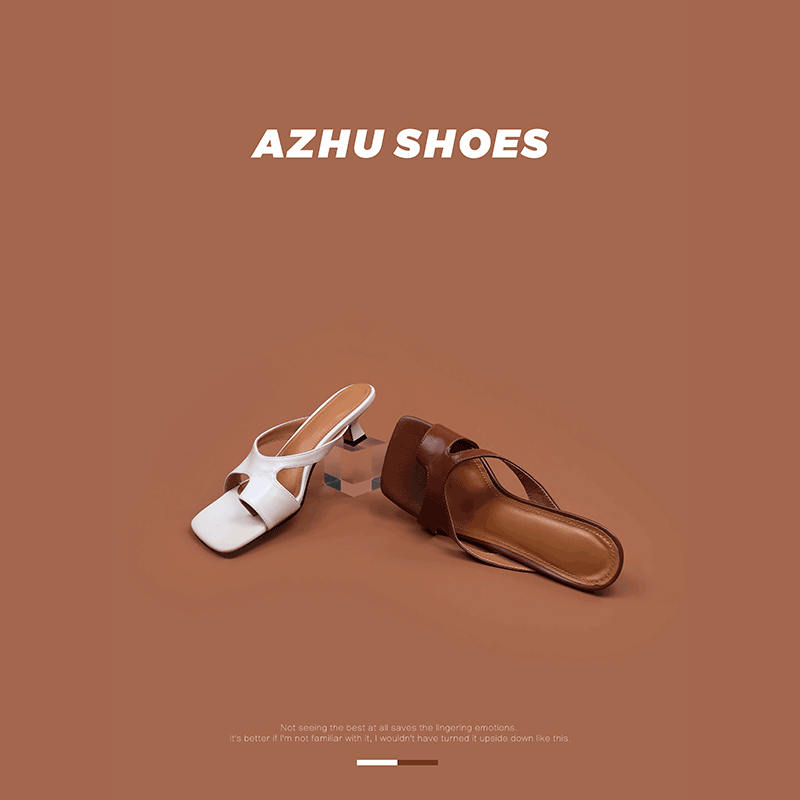 AZHUSHOES双色法式猫跟拖鞋真皮夹趾中跟时尚外穿高跟气质凉鞋女 - 图0