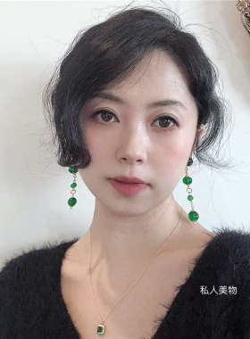 香奶奶祖母绿色琉璃耳饰vintage耳夹扫肩长耳环925银耳钉时髦耳饰
