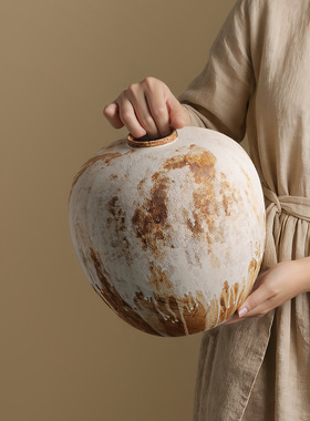 新中式侘寂风粗陶花瓶客厅摆件