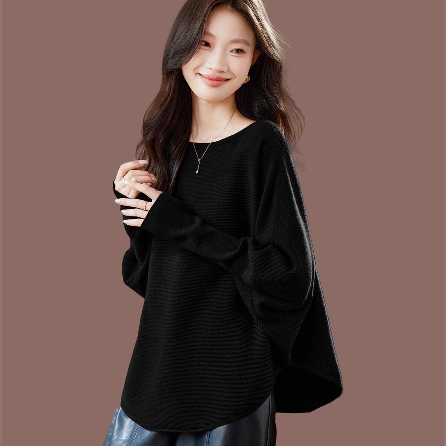 蝙蝠袖宽松上衣套头毛衣女外穿2025新款羊毛针织一字肩时尚打底衫 - 图2