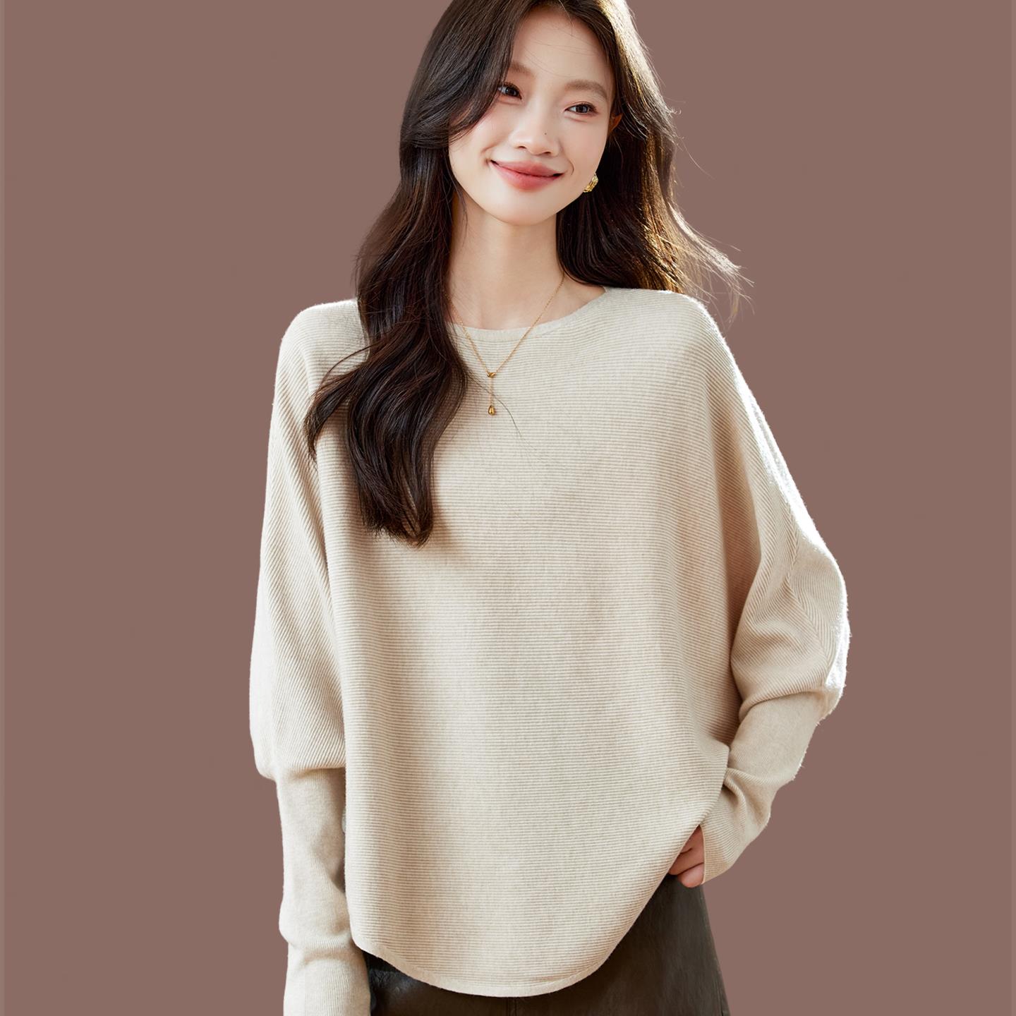 蝙蝠袖宽松上衣套头毛衣女外穿2025新款羊毛针织一字肩时尚打底衫 - 图1