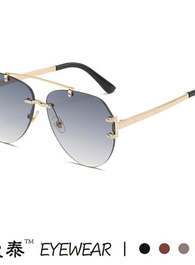 新款欧美时尚双梁太阳镜金属切边无框蛤蟆镜街拍渐变色太阳眼镜