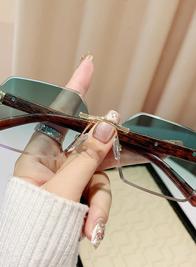 无框多边形豹子木纹镜腿太阳镜欧美复古墨镜ins网红街拍太阳眼镜