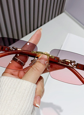 新款猎豹装饰木纹无框太阳镜渐变色眼镜男女复古豹子头金属墨镜