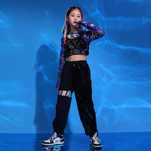 女童爵士舞服装女孩亮片街舞衣服儿童嘻哈套装模特闪亮走秀演出服 - 图2