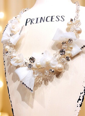 魔猫昭昭韩式项链耳夹套装现货蝴蝶结结婚新娘饰品礼服婚纱闪日韩