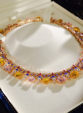 法式爆闪重工彩色黄钻粉色choker颈链新娘晚宴礼服项链大气复古