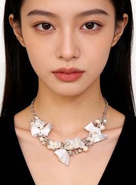 魔猫昭昭韩式项链耳夹套装现货蝴蝶结结婚新娘饰品礼服婚纱闪日韩