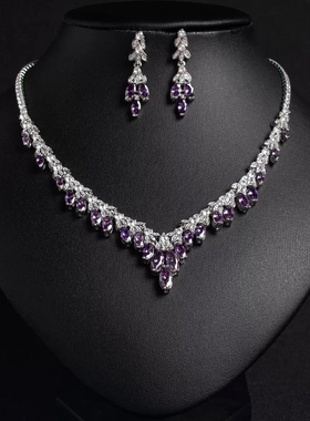 欧美奢华新娘锆石套装精致项链耳环两件套时尚宴会婚礼耳饰耳钉女