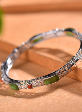 S925银镶嵌和田玉碧玉镂空珐琅手镯