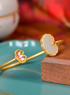 古法s925银镶和田玉如意荷花手镯