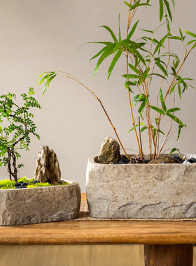 仿石头花盆竹子花器水泥侘寂风