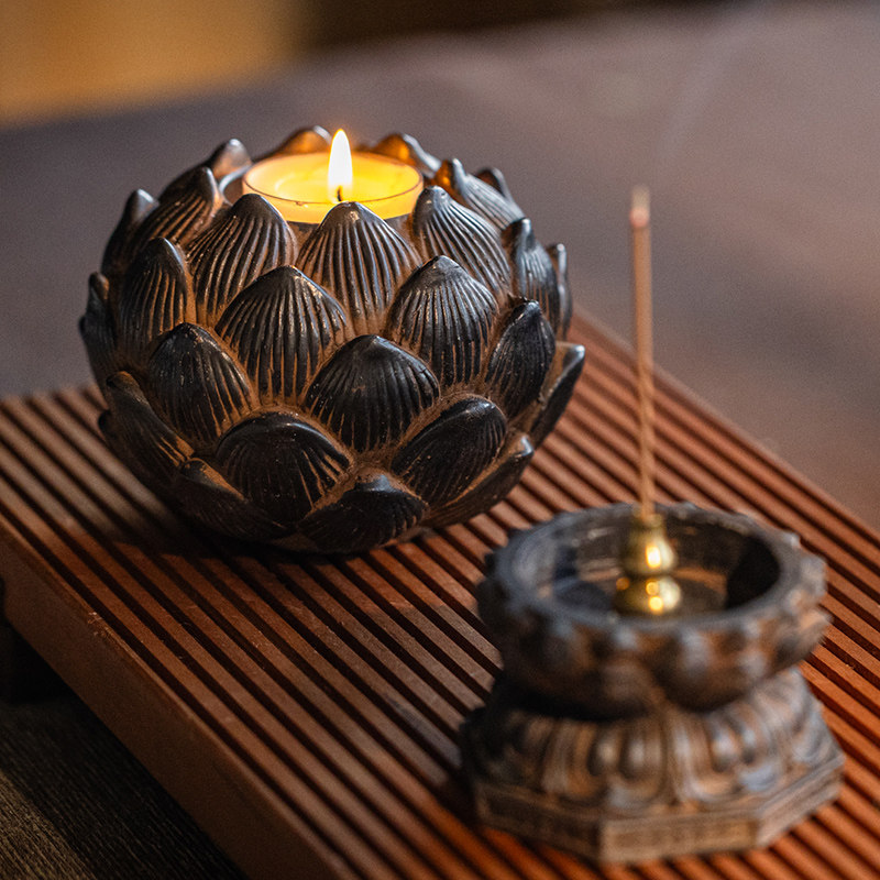 复古莲花烛台摆件中式古风禅意国风茶道茶桌檀香塔香底座托盘香插,淘宝优惠券,粉丝福利购,淘宝优惠卷
