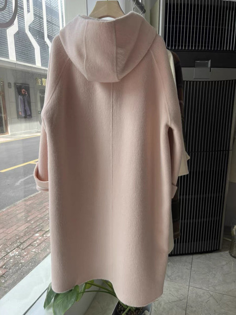 bear熊熊的店 150小个子牛角扣连帽双面昵大衣女中长款粉色外套