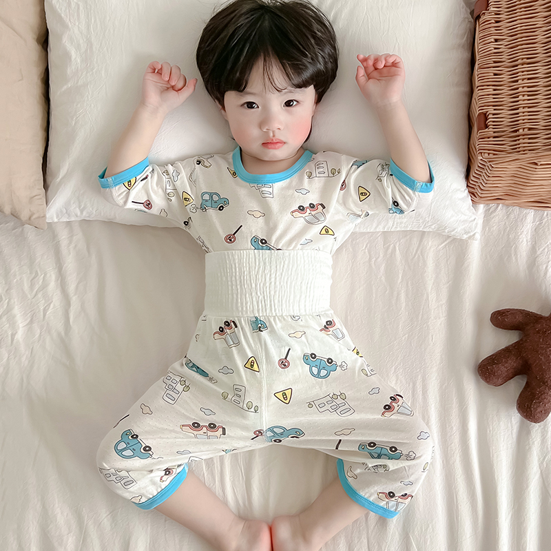 男女宝宝睡衣夏季高腰护肚子婴儿童空调服半袖薄款竹纤维家居套装