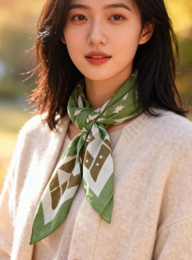 绿色印花小马棉麻小方巾丝巾女