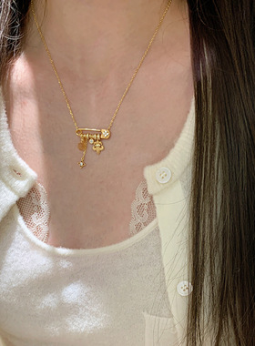 拉丝鸢尾花星芒水晶别针项链女款2026新款轻奢精致锁骨链饰品定制