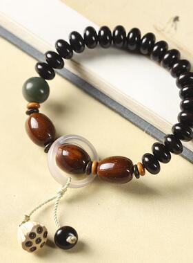 原创黑檀木搭招财紫金鼠鼓珠菩提文玩手链男女盘玩民族风森系手链