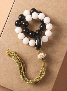 禅意 老料原生态原创白菩提圆珠手串男女黑檀手链文玩编织绳手持