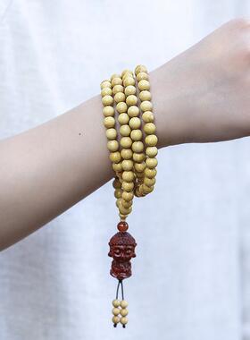 原创黄杨木念珠108颗DUY手工编织紫檀雕本命佛穗子多圈复古手串