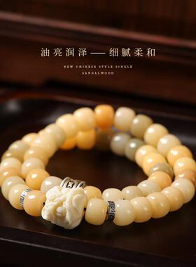 象牙果醒狮风化菩提根桶珠手串复古六字真言转运珠双圈盘玩绕指柔