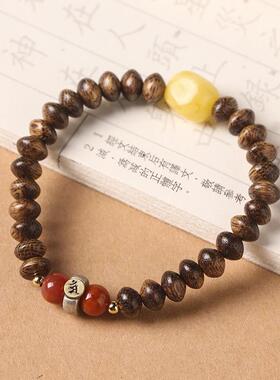 原创原木沉香木手链冰飘玛瑙转运珠 八大本命佛生肖蜜蜡文艺手链
