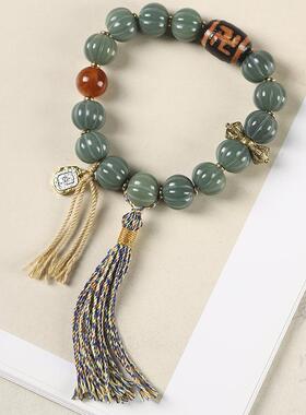 原创小众设计田园森系编织麻绳菩提根棱形方珠多子多福南瓜珠手串