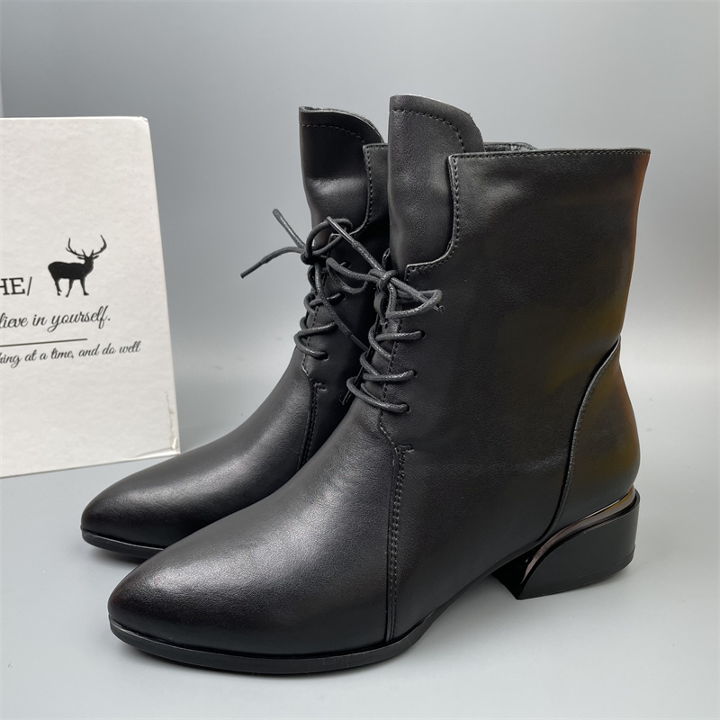 品牌头层牛皮加厚绒保暖短靴女粗跟中筒马丁靴百搭瘦瘦靴棕色单靴 - 图0