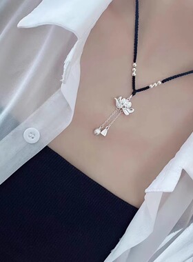 999纯银莲花足银锁骨链编织国风项链女吊坠两世欢荷花节日礼物