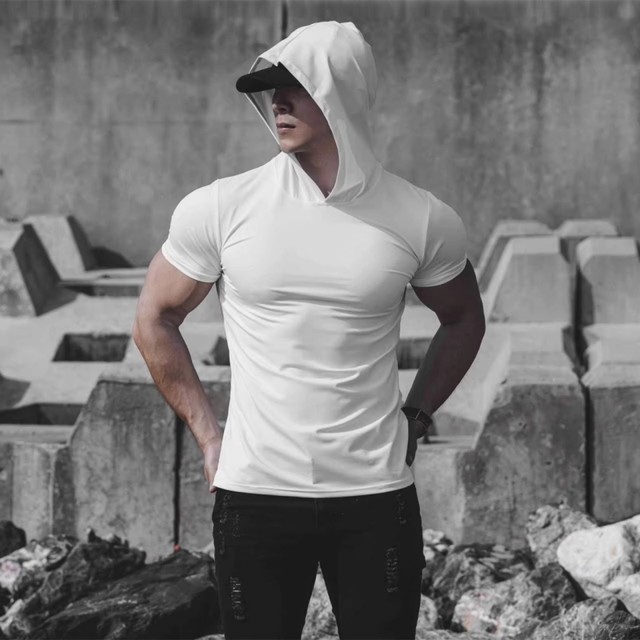 Summer ice-sensing quick-drying sports short-sleeved men's T-shirt top hooded elastic breathable tight muscle fitness American style