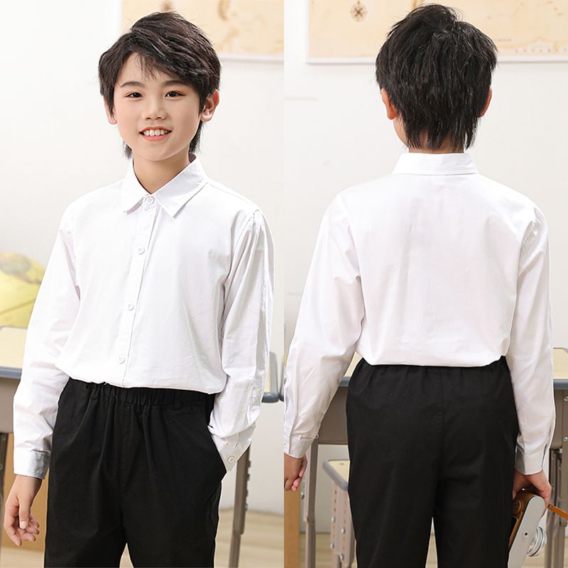 男童白衬衫长袖纯棉色寸衣小孩春秋夏季幼儿园宝宝毕业学生校院服 - 图0