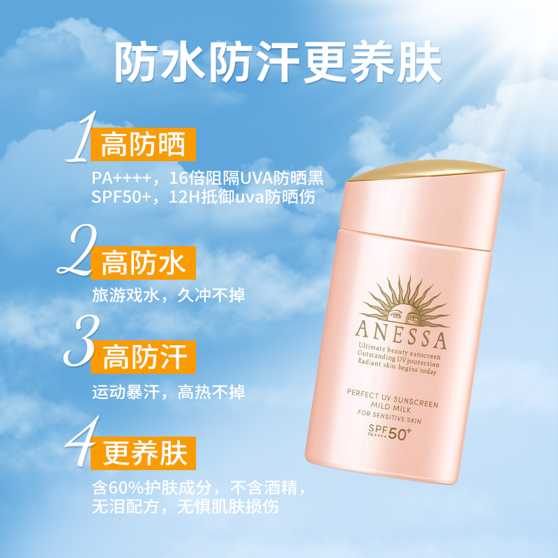 【百补】安热沙安耐晒spf50+粉金瓶防晒霜60ml清爽隔离敏感肌防汗