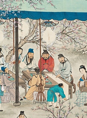 夏荆山-桃李夜宴图 画芯仿古文人聚会真迹微喷复制人物装饰画临摹