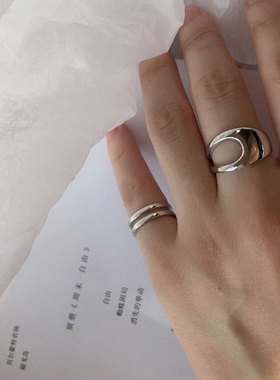 日韩S925银几何戒指女复古镂空双层开口指环嘻哈时尚个性食指