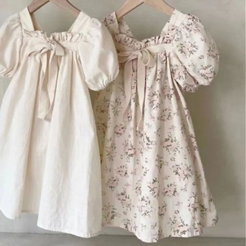 Summer New Baby Girl Puff Sleeve Square Collar Dress Cute Gi - 图1