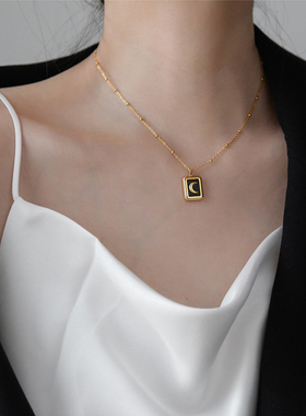 复古方形黑色巴洛克项链钛钢镀