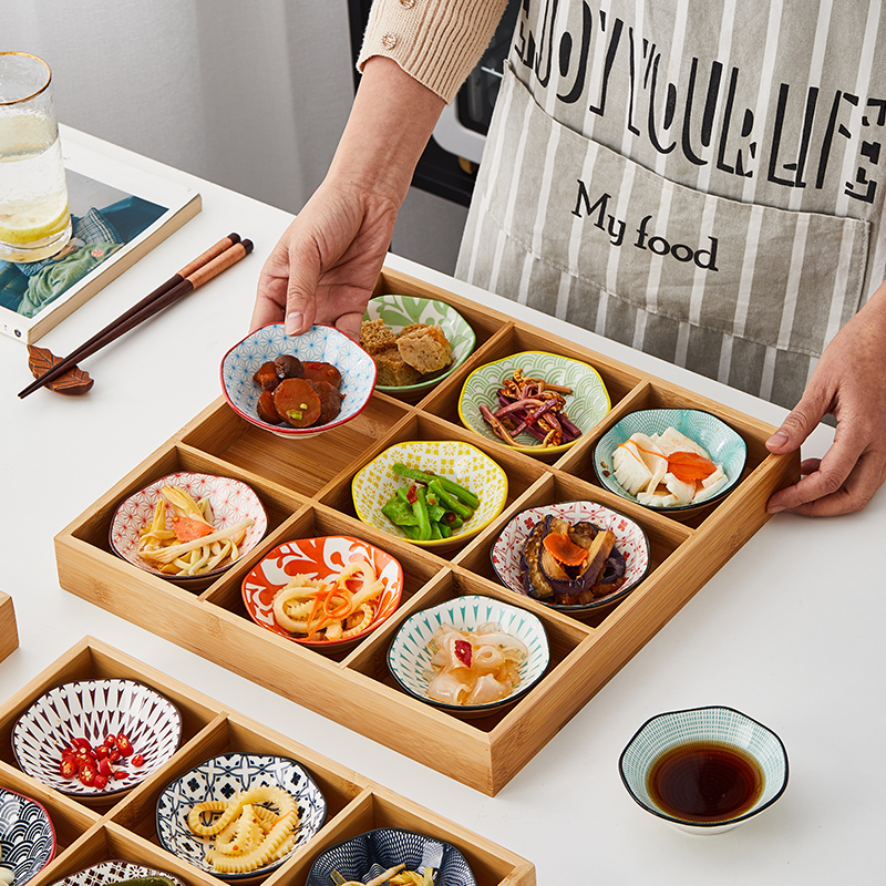 围炉日式火锅店竹木九宫格陶瓷餐具碟子酱料分格餐盘烤肉干果托盘-图1