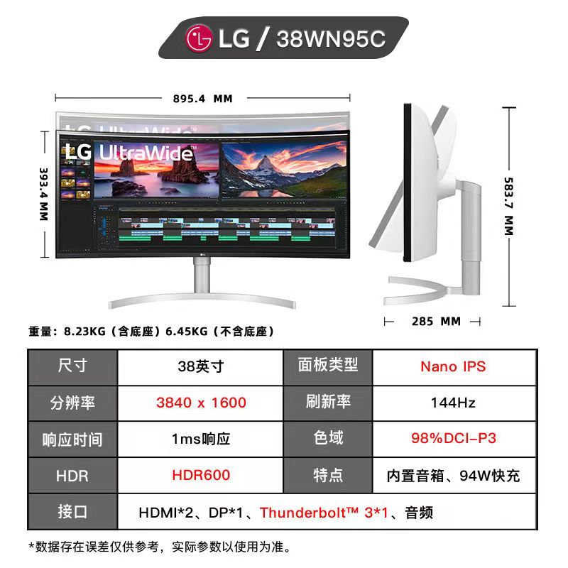 LG 38GN950 WN95C电竞38寸显示器NanoIPS准4K144hz曲面带鱼纳米屏-图0