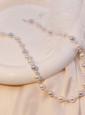 复古白真多麻色混彩施家珍珠金属拼接项链颈链女小众设计感锁骨链